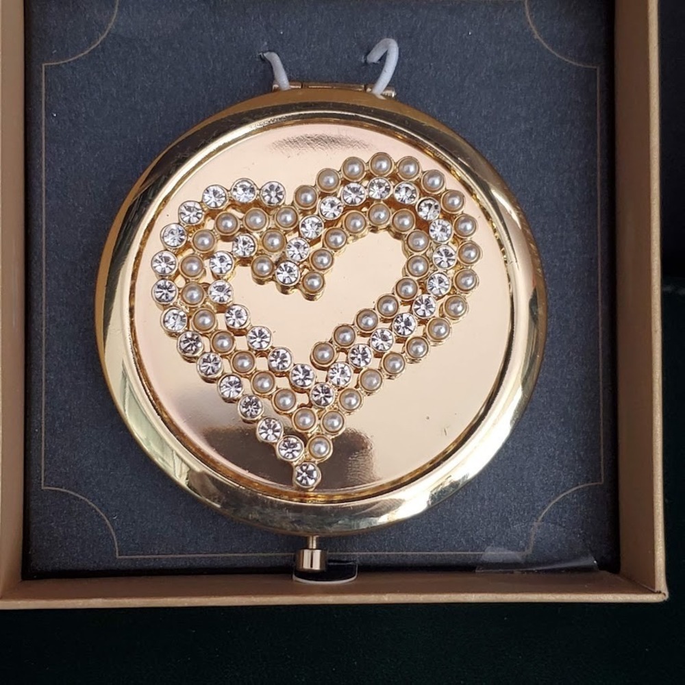 Monet Gold Tone Heart Compact Mirror Faux Pearl Rhinestone Crystal Embellished